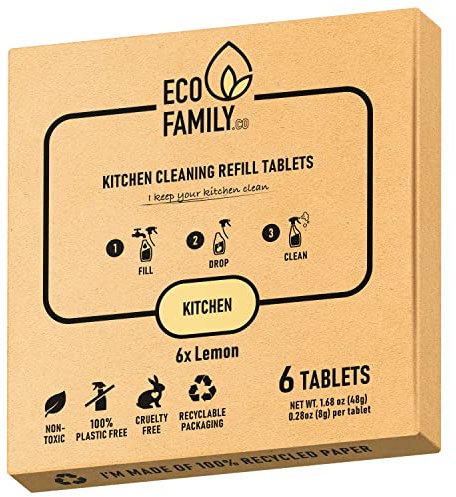 Eco Family, Kitchen Surface Degreaser Cleaning Tablets Refill (6x 8g) | Eco-Friendly, Non-Toxic, Cruelty-Free, Lemon Scent | Remove Grease and Grime on All Kitchen Surfaces | Dissolve in Water