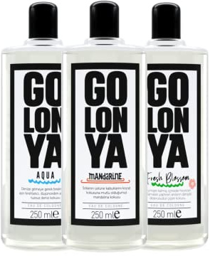 Golonya - FRESH BLOSSOM - MANDARIN - AQUA - Eau de Cologne Dreierpack - Kolonya 3x250ml Flasche - Kölnischwasser Erfrischend, Intensiv, Blumiger, Mandarine, Marine Duft - Unisex