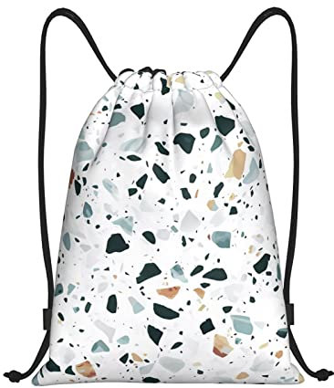 DEHIWI Terrazzo Marmor Pastell Kordelzug Rucksack Wasserdicht Leicht Turnbeutel Sportrucksack Für Männer Frauen Reisen Einkaufen Strand, Schwarz , S