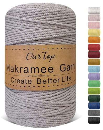 OurTop Premium Macrame Cord, 3mm x 300m Braided Macrame Rope Twisted Cord Yarn Macrame Yarn Thick Rope for Wall Hangings, Plant Hangers, DIY Crafts, Home Decorations, Gift Wrapping(Warm Gray)