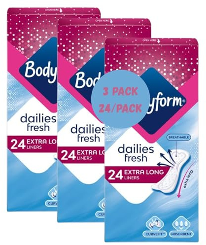 Extra Long Panty Liners for Women | 3 Pack x 24 Body Form Panty Liners Extra Long Dailies per Pack