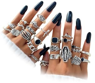 IFKM 25PCS Vintage Silver Knuckle Rings Set for Women, Stackable Joint Finger Statement Rings Bohemian Retro Hollow Carved Midi, Boho Halloween Skeleton Skull Snake Heart Chunky Stacking Pack (Halloween Skull)