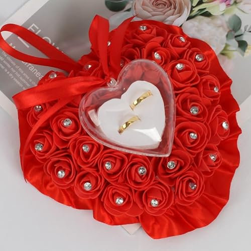 SYSUII Hochzeit Ringkissen,Romantische Ringkissen Herzförmig Ringhalter Rosen Eheringkissen Herzform Ring Kissen Box Heirat Paar Ring Halter Hochzeit Accessoires Für Eheringe Ringe Valentinstag -Rot