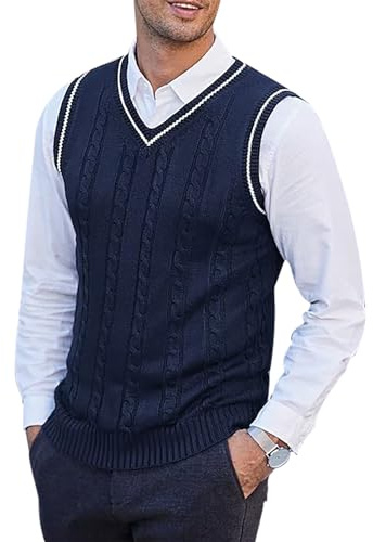 Saklifuo Chaleco de punto para hombre, sin mangas, casual, cuello en V, ajustado, suéter de punto, azul marino, L