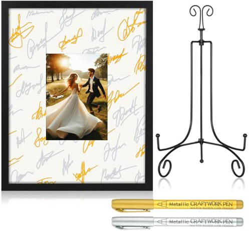 Menkxi 11 x 14 Inch Signature Board Picture Frame Wedding Signature Picture Frame with 5 x 7 Inch Mat and Black Iron Display Stand Autograph Photo Mat for Wedding Birthday Graduation