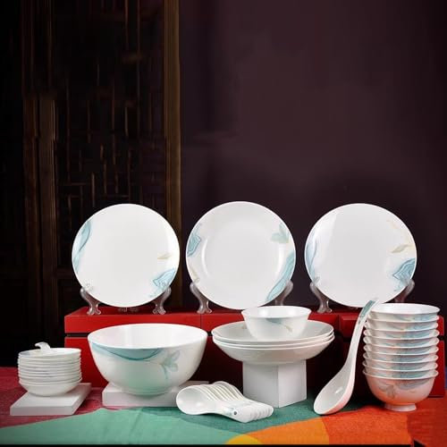 Juego de vajilla de porcelana fina de 38 piezas, vajilla, 10 cuencos de arroz, 10 cucharas pequeñas, 6 platos, 1 cuenco de sopa, 1 cuchara grande, 10 platos de salsa, juego de vajilla combinada de
