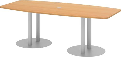 bümö Konferenztisch oval 220x103 cm großer Besprechungstisch in Buche, Besprechungstisch mit Säulen in Silber, Meetingtisch für 8 Personen, XL-Tisch für Besprechungsraum & Meeting