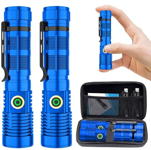 Linterna recargable de alto lúmenes, luz de flash súper brillante de alto alcance, linternas LED con zoom de largo alcance para emergencia, EDC, búsqueda, linterna impermeable regulable azul piezas