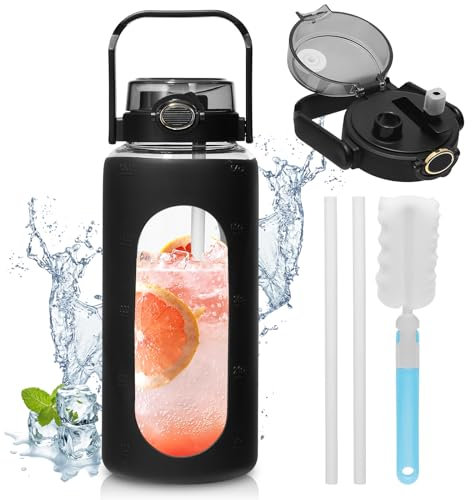 1900ML Gourde en Verre avec Paille et Poignée Marqueur de Temps et Coque en Silicone, Motivationnel Bouteille Anti-Fuite sans BPA, Sport Gourde Verre pour Le Sport, Le Vélo