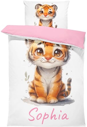 Pictogogo Süßes Tiger-Design Kinderbettwäsche für Mädchen und Jungen, Personalisiert, Wählbare Baumwollunterfarbe (Weiß, Rosa, Blau, Grau), Oeko-TEX, 135 x 200 cm