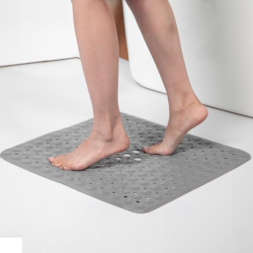 ASAB Rubber Non Slip Bath Mat 54 x 54cm Anti Mould Mildew Resistant Durable Shower Mat with Drain Holes Suction Cups Machine Washable Safe Comfortable Bathtub Mat for Elderly Children Grey (Small)