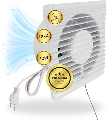 TronicXL Ventilateur de salle de bain 230 V avec interrupteur et prise IPX4 100 mm Ventilateur d'extraction d'air avec prise d'alimentation pour WC, toilettes, cave, cuisine, encastrable