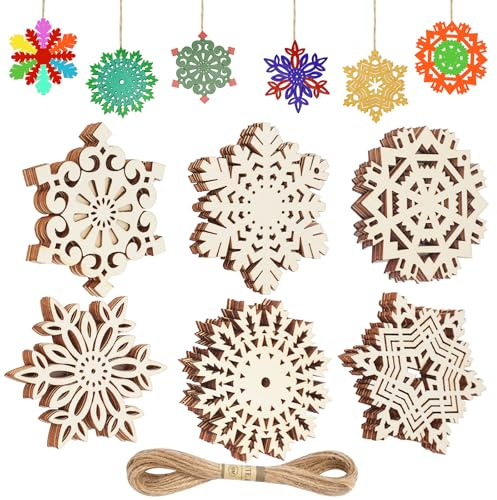 Dluszert 36 Stück 7.5CM Schneeflocken aus Holz, 6 Design Weihnachten Holzanhänger, Schneeflocke Christbaumschmuck Holz mit 10M Schnur, Weihnachtsanhänger für Weihnachtsbaumschmuck Weihnachtsdeko