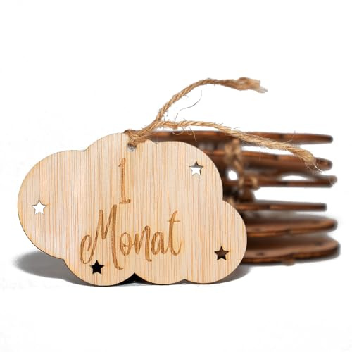 B.BachVibes - Baby-Embleme aus Holz - Baby-Meilensteine- Set mit 14 Meilensteinkarten - Ideal für Neugeborenenfotos und Geschenk zur Babyparty (Deutsch)