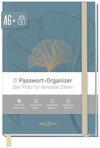 paper&you® Passwortbuch A6+ mit Register A-Z Blue Ginkgo für 320 Zugangsdaten, Passwort-Manager klein, Passwort Buch deutsch - nachhaltig & klimafreundlich