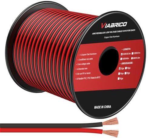 VIABRICO 12Gauge 100FT Electrical Wire - 2 Conductor Red/Black Cable for LED Lighting Strips - 12AWG Copper Clad Aluminum - 12V/24V DC