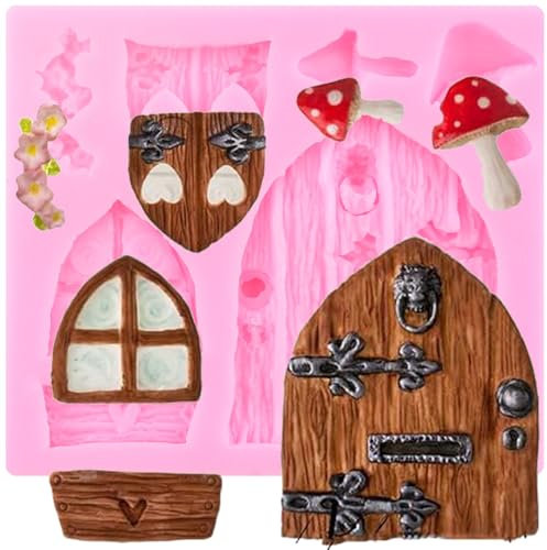 XMOLDNMS Enchanted Vintage Fairy Garden Fairy Gnome Home Window Door Silicone Fondant Mould for Sugar Cake Decorating Cupcake Topper Chocolate Gum Paste Candy Polymer Clay