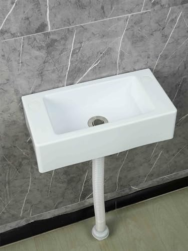 XRB2050 Lavandino a Muro in Resina 40x20x11cm/15.7x7.9x4.3inch Bianco | Lavandino Bagno Rettangolare Sospeso Salvaspazio per Piccolo Guardaroba Bagno Wc Degli Ospiti 75cm Conduttura Fognaria