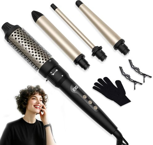 4 in 1 Thermal Brush Set, 1.5'' Hot Brush & 0.35/0.5-1/1.25'' Hair Curling Wand, OKWRAP Curling Iron Set 100-230 ℃ with 4 Attachments, Multifunctional Styling Kit (Black Gold)