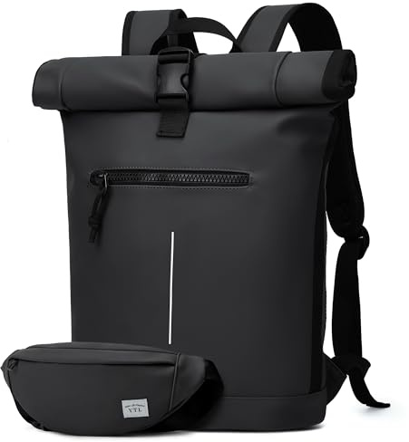 YTL Rolltop Wasserdicht Rucksack für Damen & Herren,mit Laptopfach für 17 Zoll,Groß Elegantrucksack Rucksäcke Daypack für Radfahren,Reisen,Tasche für Schule, Uni Gürteltasche 2 set