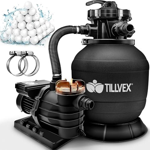 tillvex Impianto di filtraggio a sabbia per piscina, 13.200 l/h fino a 40.000 l + palline filtranti da 1200 g | impianto di filtraggio a 7 vie valvola e adattatore 2 in 1 Ø 32 – 38 mm | filtro a