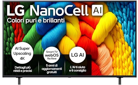 LG NanoCell AI 55 Pollici, Serie NANO80 2025 Smart TV 4K - 55NANO80A6B | Processore ?7 Gen8, WebOS con AI, Telecomando Puntatore AI, Filmmaker Mode, Gaming con VRR 4K@60Hz