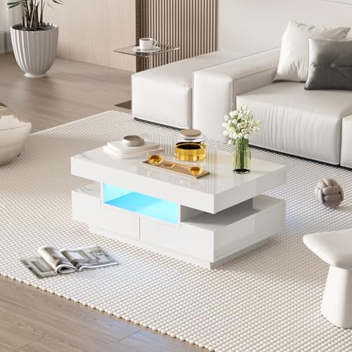PUGSDRLY Table Basse avec Lumière LED,Table Basse Salon Brillante avec 4 tiroirs Rangement,80x50x36cm (Blanc)