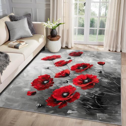 MMYAOKEN Mohnblumen Teppich Wohnzimmer 80x150 Rote Mohn Blumen Deko, Teppich Kurzflor, Weich rutschfest Waschbare Teppiche, Fußmatte Bettvorleger Schlafzimmer Kinderzimmer