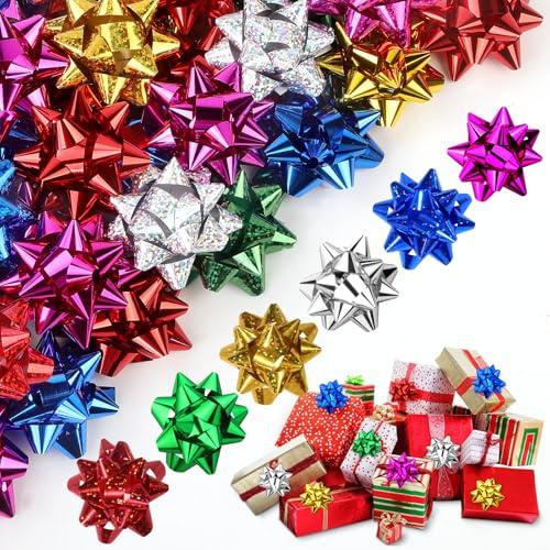 JOLCEEY 80 Stück Selbstklebende Geschenkpapierschleifen, 5 cm Mini Geschenkschleifen Selbstklebend Set, Laserstil Selbstklebende Sternförmige Schleife für Weihnachtsfeiern Geschenkverpackungen