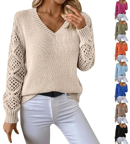 Pull Col V Femme Large, Pull Femme Chic Et Elegant Soiree, Sweater Mi Saison Leger sous-Pull Manche Longue Ajourée 2025 Nouveau Pullover Décontracté Haut Tricoté Tunique Grande Taille Sweater
