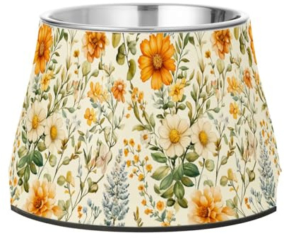 Florals Futternapf mit Kaktus-Ringelblumen-Hyazinthen, neutraler Napf für Haustiere, rutschfest, Edelstahl, für langsames Füttern, langsames Fressen