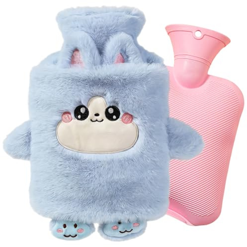 Bouteille Eau Chaude, Bouillote Peluche, Bouillottes Avec Poche Kangourou, 1L Grande Bouteille Moelleuse Pour Enfants, Adultes, Soulager la Douleur, Rester au Chaud-bleu