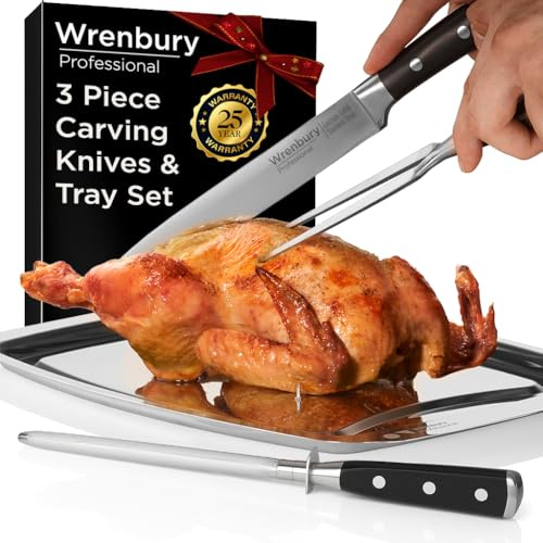 Wrenbury Professional Carving Knife Set with Fork and Sharpening Steel with Carving Tray - 3 Piece Kitchen Knife Set with Serving Board