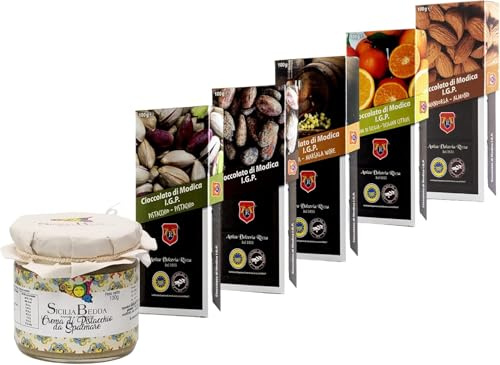 Sicilia Bedda - CIOCCOLATO DI MODICA IGP - 5 Gusti di Cioccolato di Modica SENZA GLUTINE con Crema di Pistacchio 100 Gr. - ANTICA DOLCERIA RIZZA (Mandorla/Tradizionale/Agrumi/Pistacchio/Marsala)