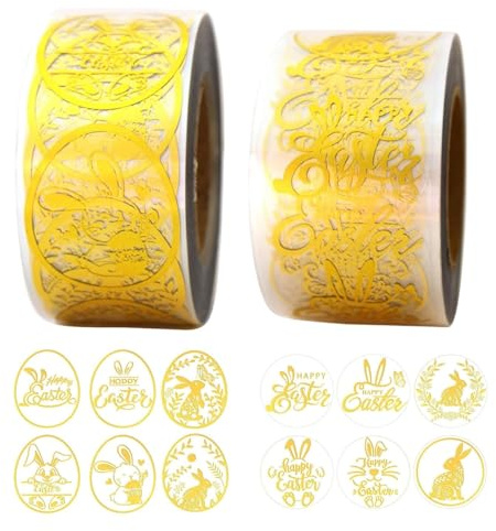1000stk Osteraufkleber, Ostern Aufkleber Gold, 2,5cm Osterei Hasenaufkleberrolle 10 Designs Happy Easter Aufkleberrolle, für Ostern Partygeschenke Scrapbooking