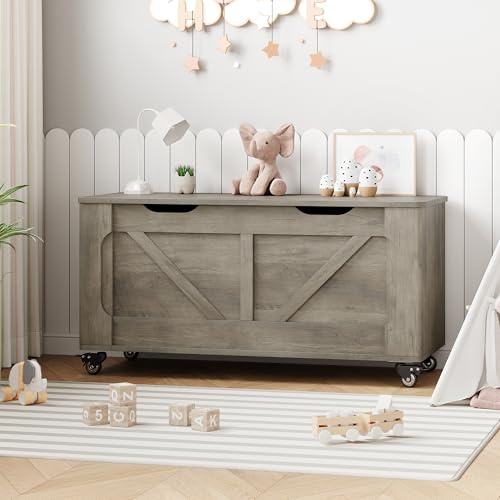 Garvee Spielzeugkiste mit Rollen, Große Spielzeugtruhe aus Holz mit Sicherheitsscharnieren, Sitztruhe & Aufbewahrungsbox für Kinderzimmer, Schlafzimmer & Flur, 100cm, Rustikales Grau