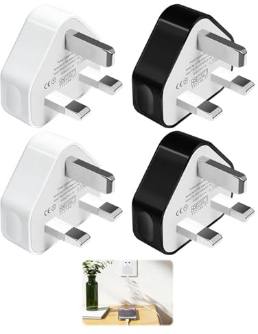 Usb Plug, 4 Pcs with 3-Pin Usb Plug Uk, 5v/1a Us b Charger Plugs, Compatible with Iphone 14/13/12/11/Xr/Xs/Se/8, Suitable for Ipad, Samsung, Huawei and Pixel Chargers(Black+White)