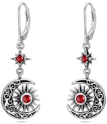 Flpruy Mond und Sonne Ohrringe 925 Sterling Silber, Vintage Stern Hänger mit Januar Geburtsstein Granat Rot Zirkonia, Hypoallergen Schmuck