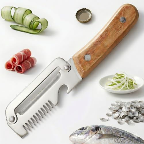 Mejorado Pelador Multifuncional acero inoxidable 5 en 1, Cuchillo Pelador Verduras con Mango de Madera Ergonómico para Pelar Rápido, Corte en Juliana y Abridor de Botellas Integrado (1)