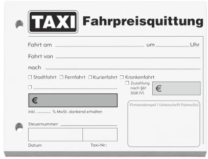 8x Taxiquittungsblock DIN A6 quer, 100 Blatt, gelocht, ohne Durchschlag | 100 Blatt für schnelle Fahrpreisabrechnungen – übersichtlich, gelocht und ohne Durchschlag