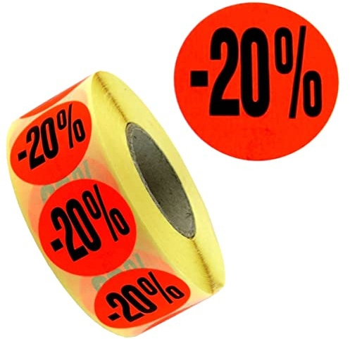 1.000 Aktionsetiketten -20% leuchtrot ablösbar 32mm | Aufdruck -20%, Ø 32mm rund, selbstklebend ablösbar, 1 Rolle