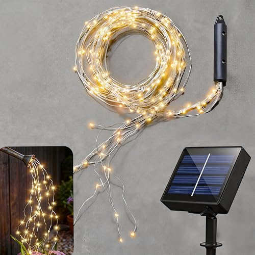 Soltuus Solar Powered Fairy Lights, 180 LEDs Multi Strand String Lights for Watering Can Outdoor, Waterproof Solar Waterfall Lights, Warm White Firefly Bunch Lights