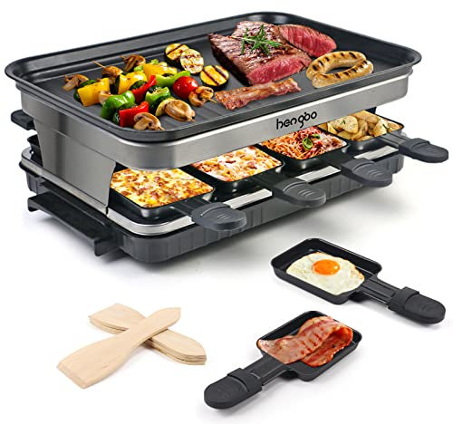 HengBO Raclette 8 Personas Parrilla Electrica Grill de Sobremesa Barbacoa-Party con 8 Mini-sartenes, Control de Temperatura Variable, 1500W