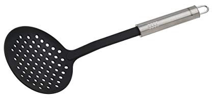 Fackelmann Abseihlöffel 33 cm OVALGRIFF, Abtropflöffel für beschichtete Pfannen und Töpfe, Küchenhelfer aus hochwertigem Edelstahl und Kunststoff (Farbe: Silber/Schwarz), Menge: 1 Stück