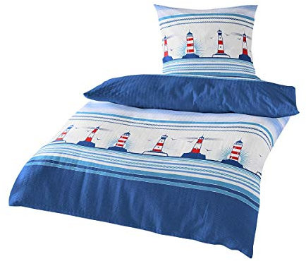 Traumschlaf Seersucker Bettwäsche • Sommer Bettwäsche Set aus 100 % Baumwolle • Maritimes Leuchtturm-Motiv • Bügelfrei & Atmungsaktiv • Mit Reißverschluss • Hautfreundlich & Pflegeleicht •