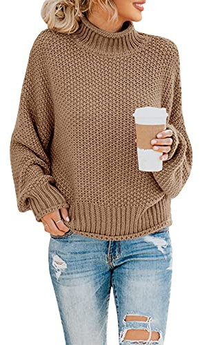 Saodimallsu Polotröja för damer, oversized sweatshirt med långa fladdermusärmar, lös passform och grovstickad, tröja med ledig design, kaki, S