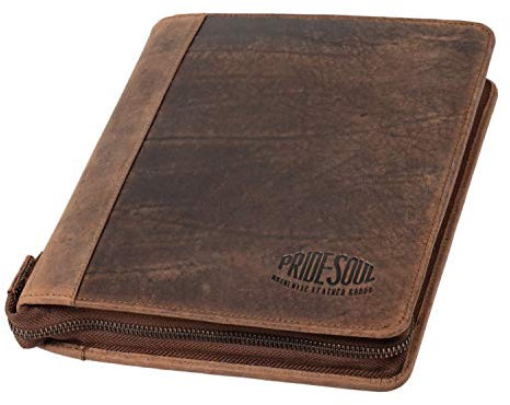 Pride & Soul 30123 - Organizer A5 CHARON, Reißverschluss Schreibmappe aus Echtleder in braun, Organisationsmappe ca. 27 x 20,5 cm, Konferenzmappe mit Handyfach, Stiftschlaufe und 3 Visitenkartenfächer