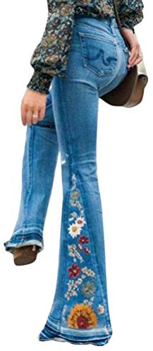 Minetom Femmes Flare Jeans Vintage Taille Haute Broderie Stretch Bootcut Denim Long Pantalon Large Évasé (Small, A Bleu)