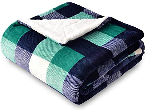 SOCHOW Plaid Couverture Polaire 150 x 200 cm Vert/Blanc, Plaid pour Canapé, Couverture Sherpa Double Face Super Douce à Carreaux Literie Luxueuse