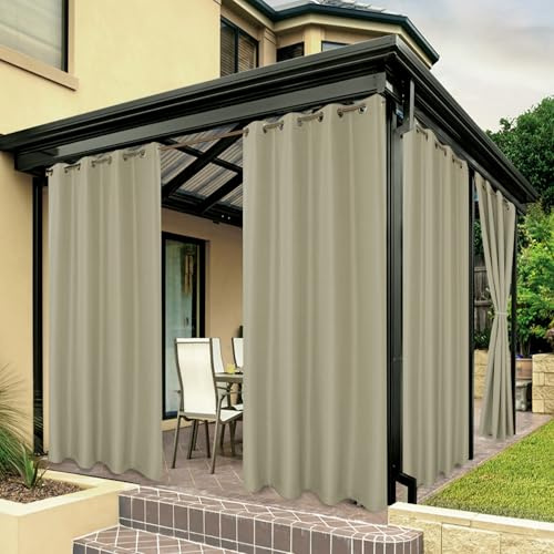 BONZER Waterproof Outdoor Curtains Privacy Screens for Patio Porch Pergola Cabana Sunlight Blocking Privacy Grommet Indoor Curtain Panels for Bedroom Living Room, 1 Panel, 84W x 95L inch, Taupe